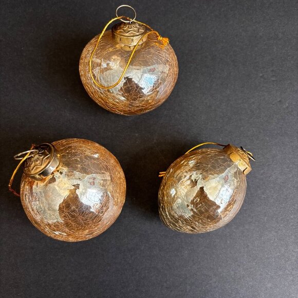 Kugel Style Christmas Ornaments Gold Glass Set Of 3 Crackle Large Vintage Heavy - Picture 2 of 8